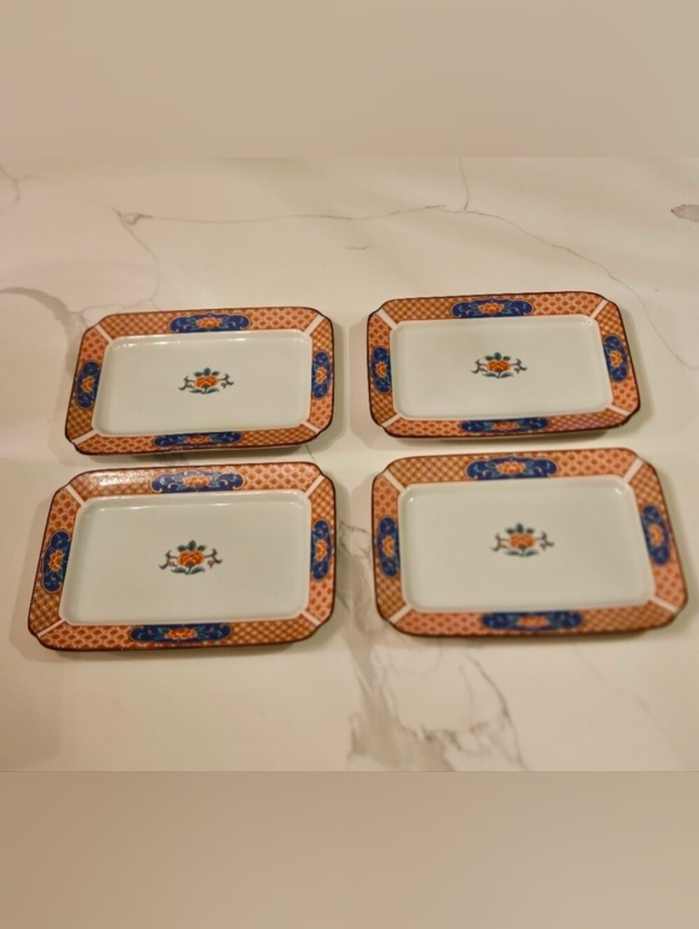 Porcelain Floral Accent Rectangular Serving Dishes - Orange & Blue (Set of 4)